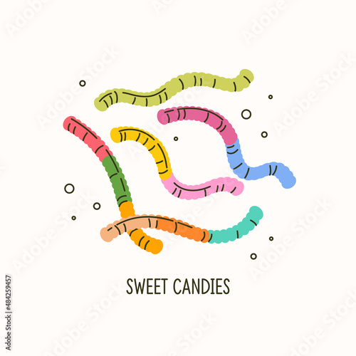 A set of sweet chewable candies. Jelly worms. Marmalades in the form of worms. Flat vector graphics.