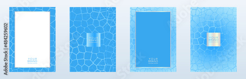 Water cover design set of banners. Background with blue water (reflection of sun in water). Vector template for drink menu, invite, brochure template, summer flyer, eco catalog.