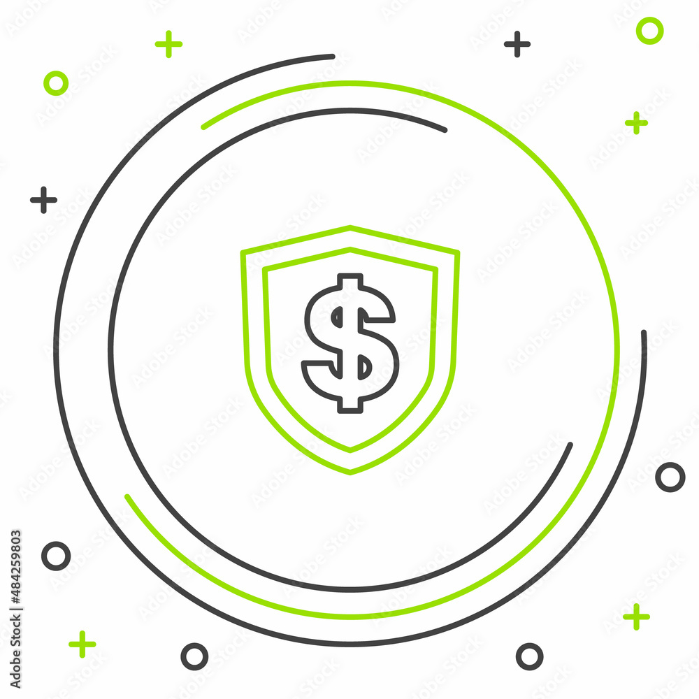 Line Shield with dollar symbol icon isolated on white background. Security shield protection. Money security concept. Colorful outline concept. Vector Line Shield with dollar symbol icon isolated on white background. Security shield protection. Money security concept. Colorful outline concept. Vector