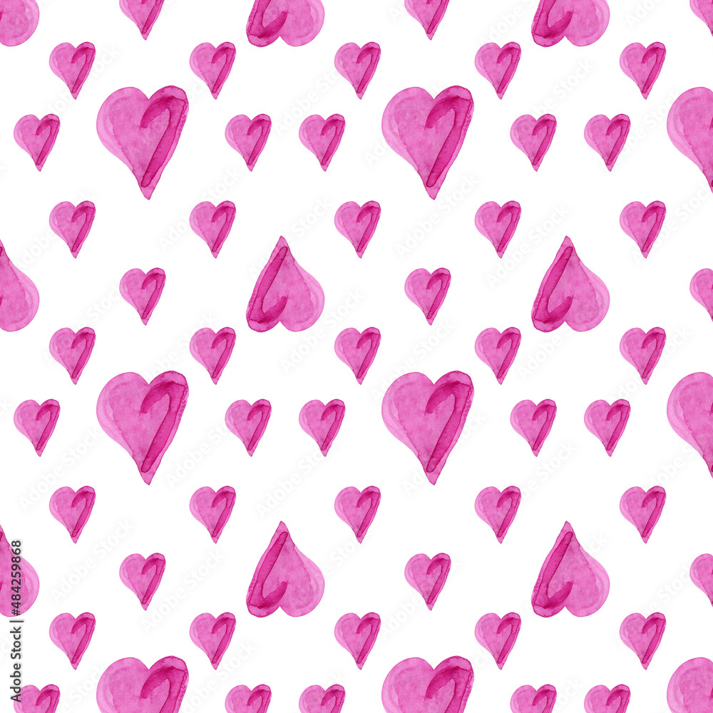Seamless watercolor pattern of pink hearts on a white background,