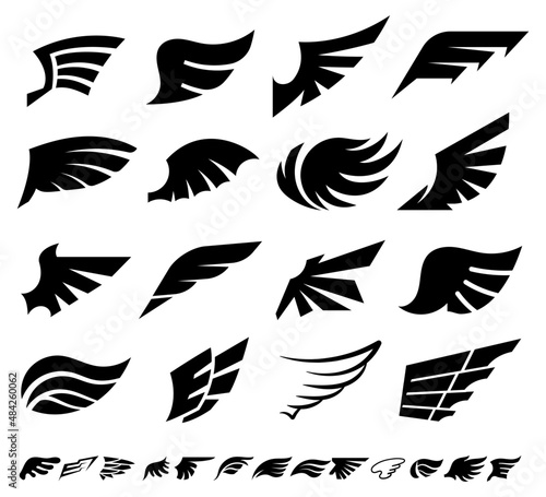 Wings silhouettes of bird feathers, heraldic icons