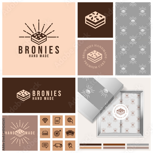 vintage brownies cake logo with seamless pattern and template set