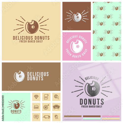 vintage donuts logo with seamless pattern and mockup