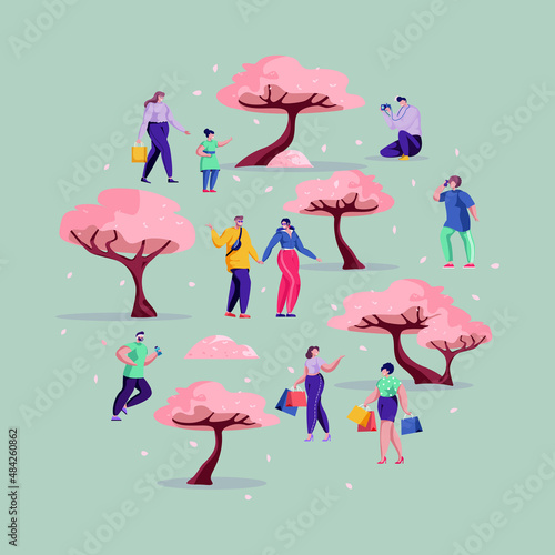 People walking in spring park with blossom. Spend and enjoy time outdoor between trees. Funny cartoon illustration in vector. Round shape. Circle concept, template for party, event, concert.