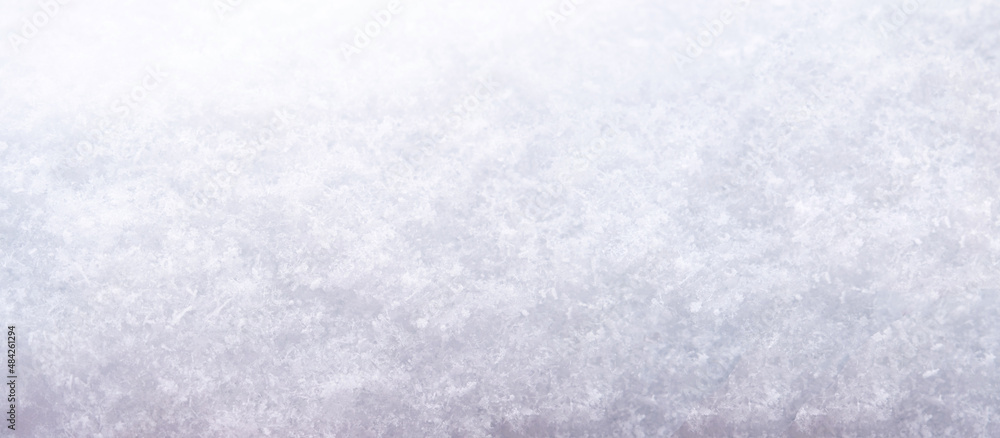 Banner. Natural texture background. Snow surface close-up. Winter sunny day, frosty mood. Copy space, place for text, top view