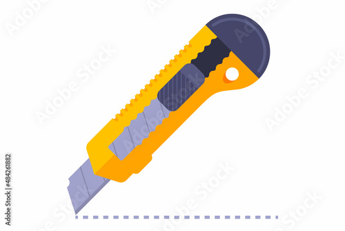 a clerical knife cuts the markup in the form of a dotted line. cut to mark. flat vector illustration. photo