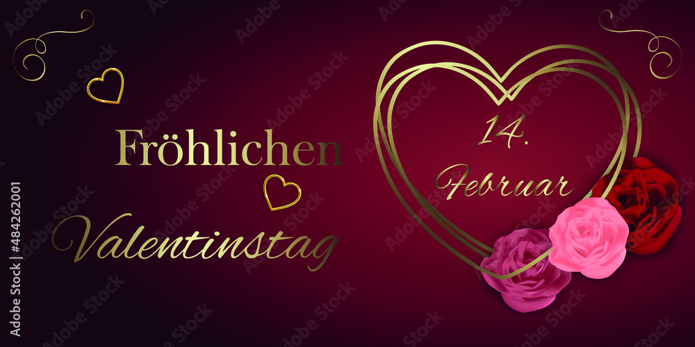 Karte oder Banner für einen fröhlichen Valentinstag in Gold auf einem burgunderfarbenen Hintergrund mit Farbverlauf und einem goldfarbenen Herzen, auf dem der 14. Februar mit rosa, roten und fuchsiafa