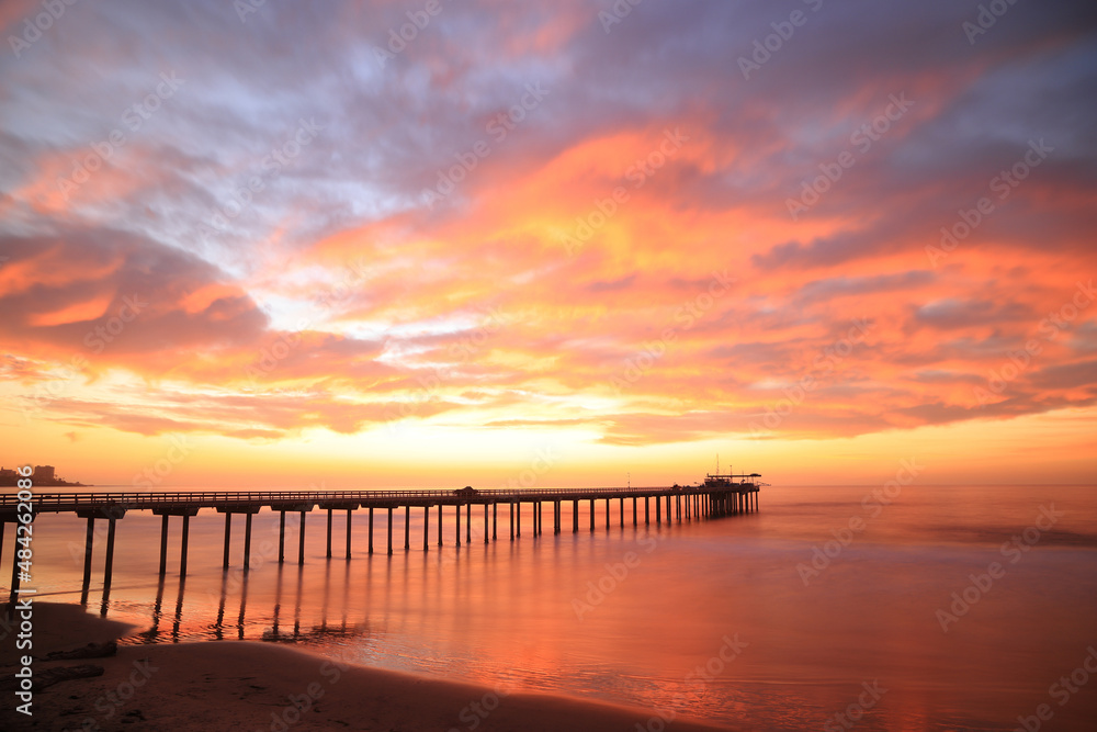 Beautiful sunset in Scripps Pier, San Diego