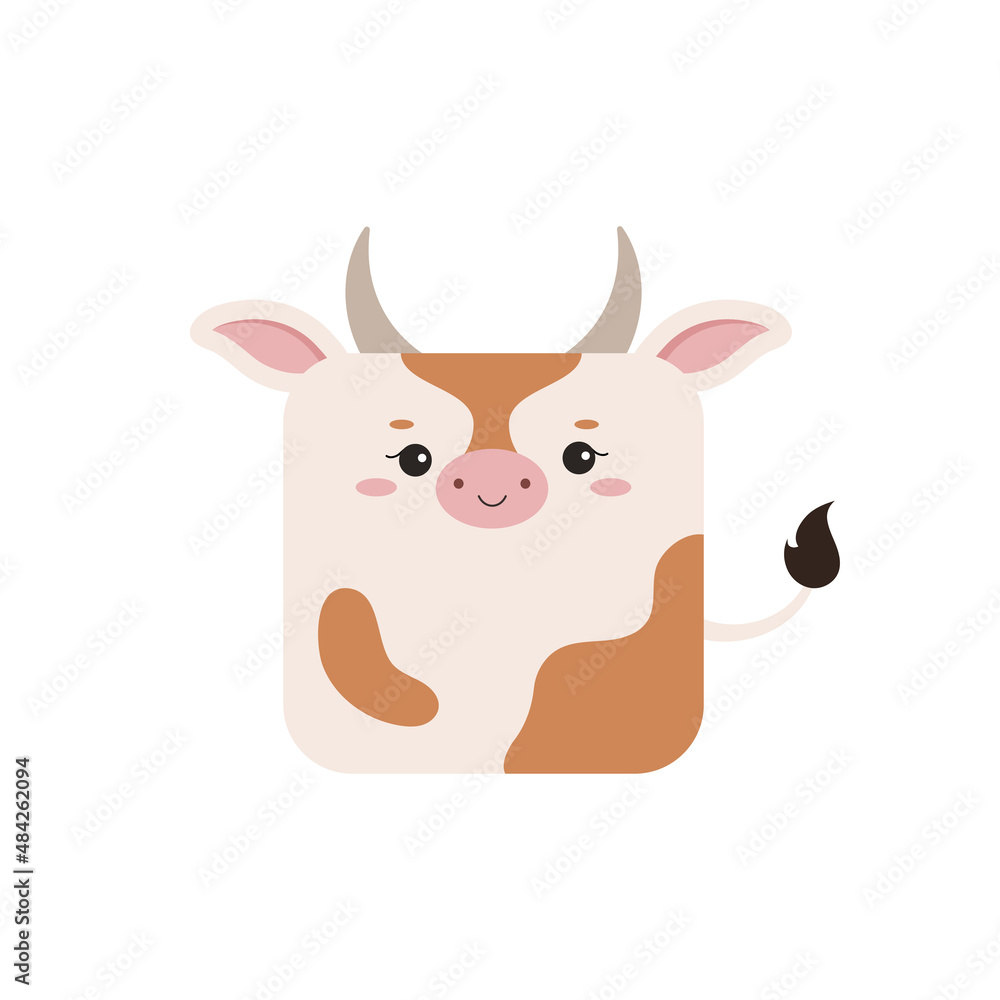 Square farm cow animal face icon isolated on white background. Cute cartoon square shape kawaii bull avatar for kids character. Vector flat cattle clip art illustration mobile ui game application. Square farm cow animal face icon isolated on white background. Cute cartoon square shape kawaii bull avatar for kids character. Vector flat cattle clip art illustration mobile ui game application.