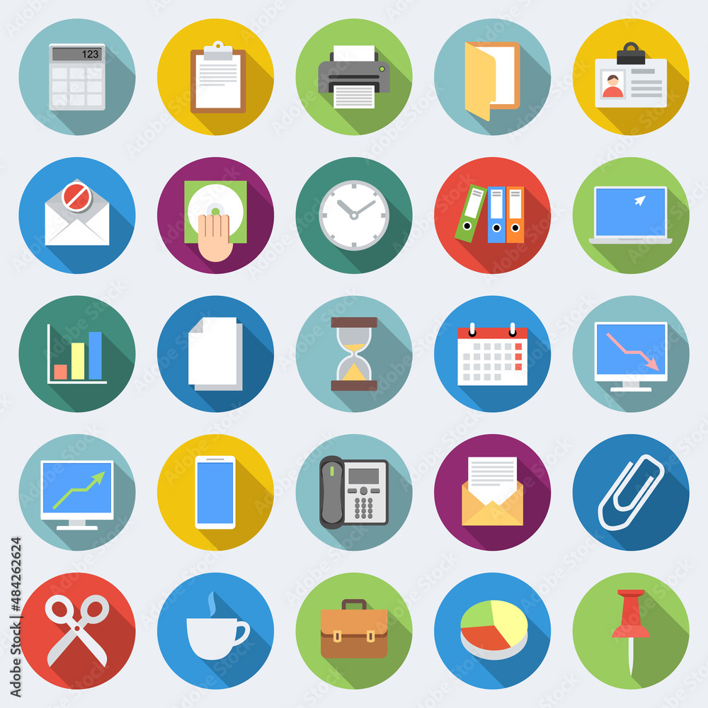 Set of office icons in flat design with long shadows Set of office icons in flat design with long shadows