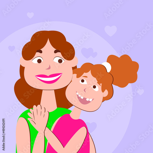 Vector graphics - portrait of a happy mom and daughter smiling and hugging close-up. Mother s Day Concept