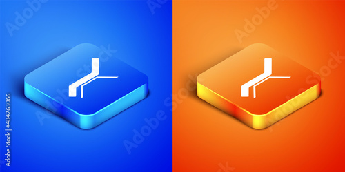 Isometric Sunbed icon isolated on blue and orange background. Sun lounger. Square button. Vector