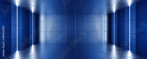 abstract blue retro futuristic design room with tiles and bright lighting 3d render illustration
