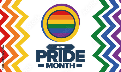 Pride Month in June. LGBT flag. Lesbian Gay Bisexual Transgender. Celebrated annual. Rainbow colours, love concept. Human rights and tolerance. Poster, banner and background. Vector illustration
