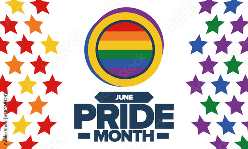 Pride Month in June. LGBT flag. Lesbian Gay Bisexual Transgender. Celebrated annual. Rainbow colours, love concept. Human rights and tolerance. Poster, banner and background. Vector illustration