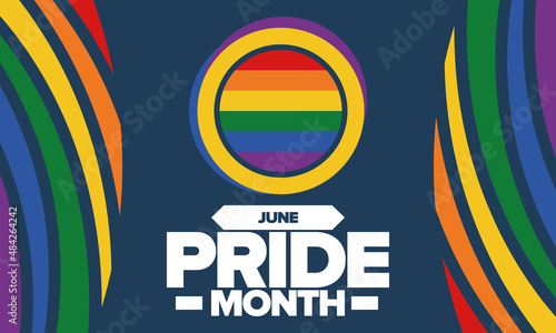 Pride Month in June. LGBT flag. Lesbian Gay Bisexual Transgender. Celebrated annual. Rainbow colours, love concept. Human rights and tolerance. Poster, banner and background. Vector illustration