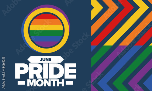 Pride Month in June. LGBT flag. Lesbian Gay Bisexual Transgender. Celebrated annual. Rainbow colours, love concept. Human rights and tolerance. Poster, banner and background. Vector illustration