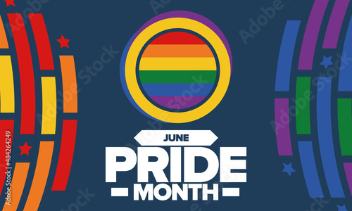 Pride Month in June. LGBT flag. Lesbian Gay Bisexual Transgender. Celebrated annual. Rainbow colours, love concept. Human rights and tolerance. Poster, banner and background. Vector illustration