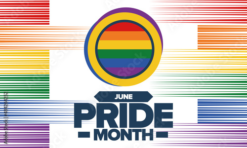 Pride Month in June. LGBT flag. Lesbian Gay Bisexual Transgender. Celebrated annual. Rainbow colours, love concept. Human rights and tolerance. Poster, banner and background. Vector illustration