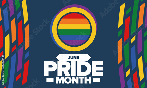 Pride Month in June. LGBT flag. Lesbian Gay Bisexual Transgender. Celebrated annual. Rainbow colours, love concept. Human rights and tolerance. Poster, banner and background. Vector illustration