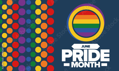 Pride Month in June. LGBT flag. Lesbian Gay Bisexual Transgender. Celebrated annual. Rainbow colours, love concept. Human rights and tolerance. Poster, banner and background. Vector illustration