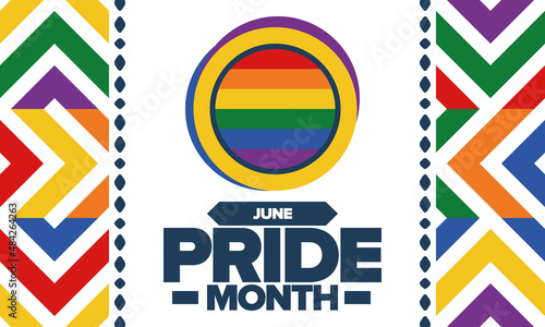 Pride Month in June. LGBT flag. Lesbian Gay Bisexual Transgender. Celebrated annual. Rainbow colours, love concept. Human rights and tolerance. Poster, banner and background. Vector illustration