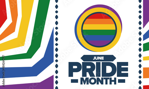 Pride Month in June. LGBT flag. Lesbian Gay Bisexual Transgender. Celebrated annual. Rainbow colours, love concept. Human rights and tolerance. Poster, banner and background. Vector illustration