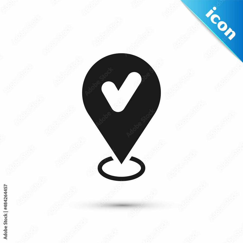 Grey Map pin with check mark icon isolated on white background. Navigation, pointer, location, map, gps, direction, place, compass, search concept. Vector
