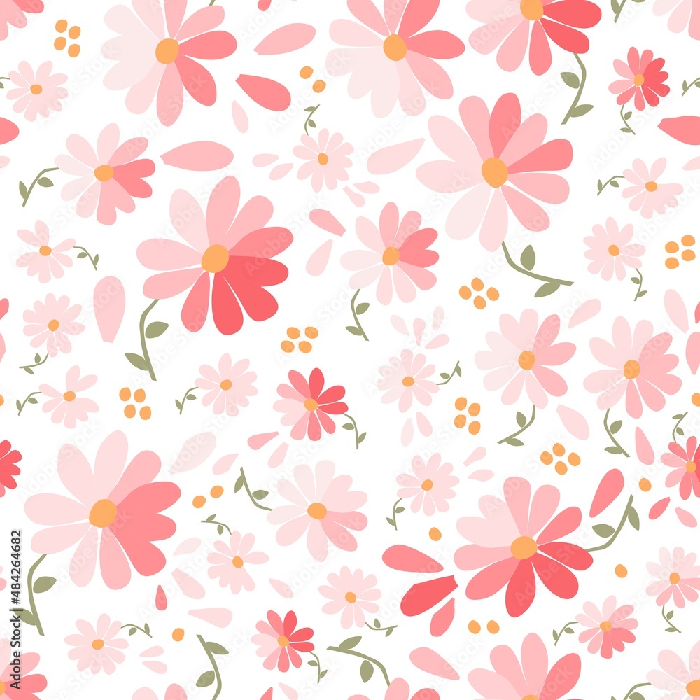 Joyful seamless pattern with pink daisies, petals and yellow spots isolated on white background. Romantic print for summer fabric. Vector illustration.
