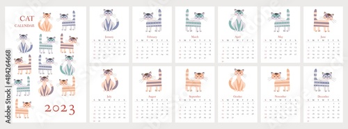 Cute calendar with funny cats for 2023 year. Week starts on sunday. Vector design.