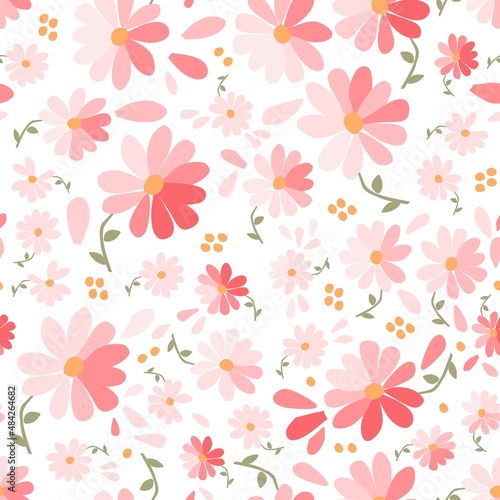 Joyful seamless pattern with pink daisies, petals and yellow spots isolated on white background. Romantic print for summer fabric. Vector illustration.