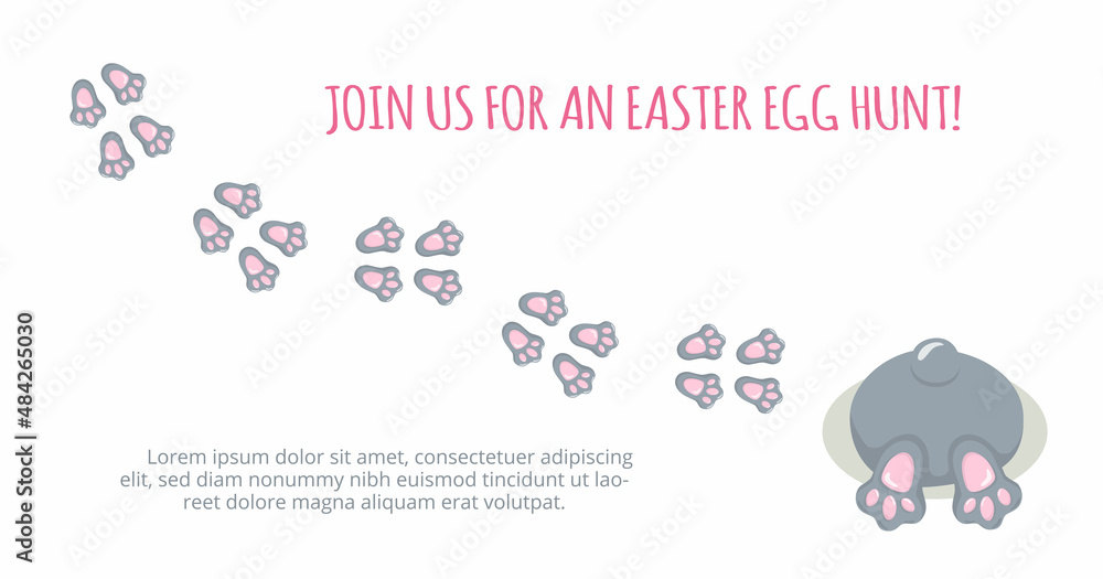 Easter bunny foot print direction point for egg hunt invitation. Vector stock illustration isolated on white background. 