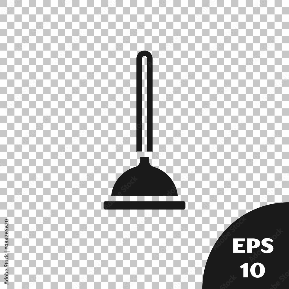 Naklejka premium Black Rubber plunger with wooden handle for pipe cleaning icon isolated on transparent background. Toilet plunger. Vector