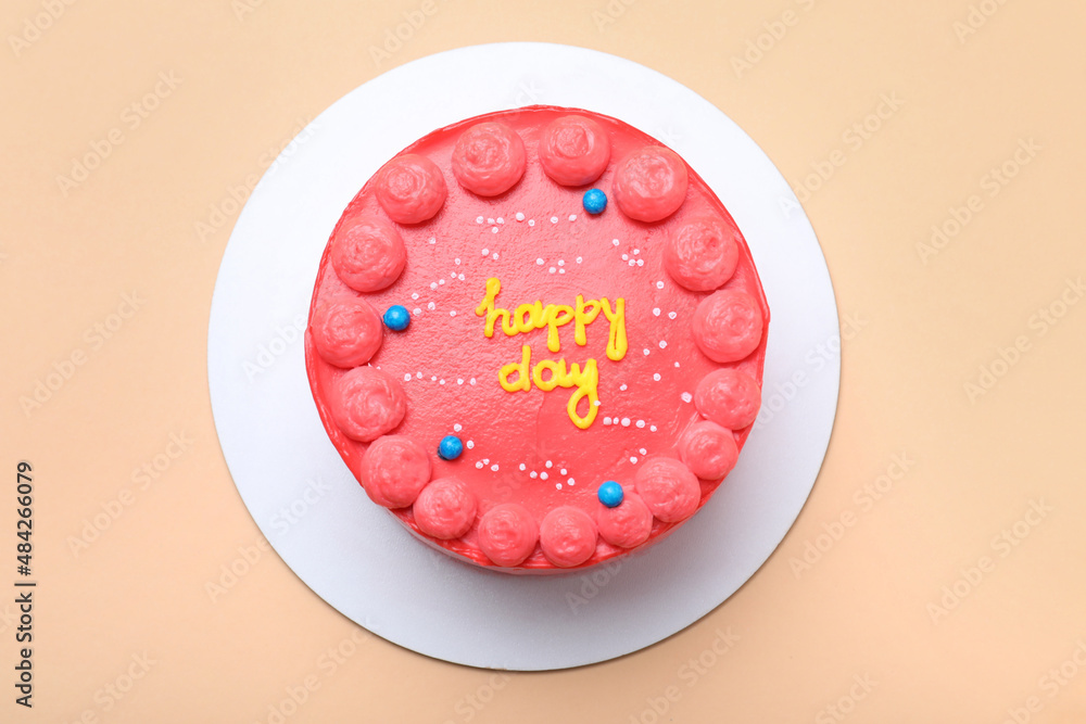 Cute bento cake with tasty cream on beige background, top view Cute bento cake with tasty cream on beige background, top view