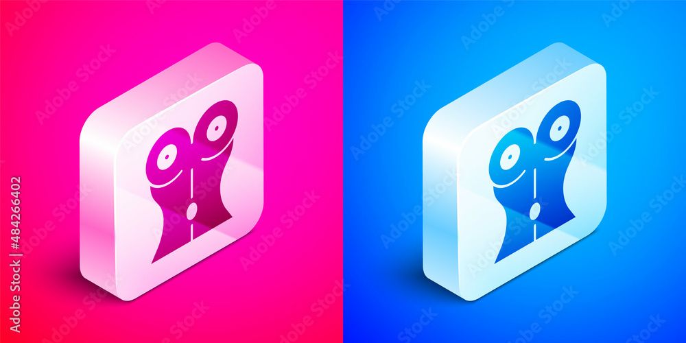 Isometric Women waist icon isolated on pink and blue background. Silver square button. Vector Isometric Women waist icon isolated on pink and blue background. Silver square button. Vector