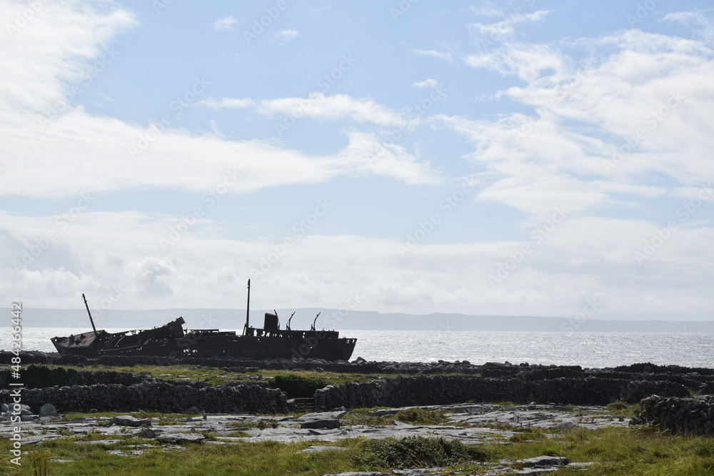 Plassey shipwreck stranded on rocks. Panorama. Ship silhouette. Inisheer. Aran Island. Ireland
