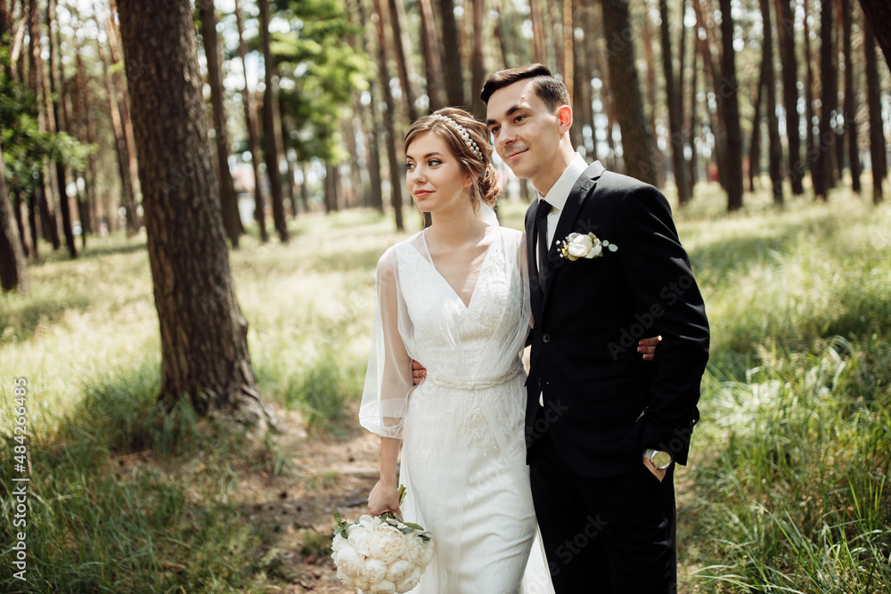 lovers hug being in nature. the bride and groom are walking in the forest. wedding couple lovers hug being in nature. the bride and groom are walking in the forest. wedding couple