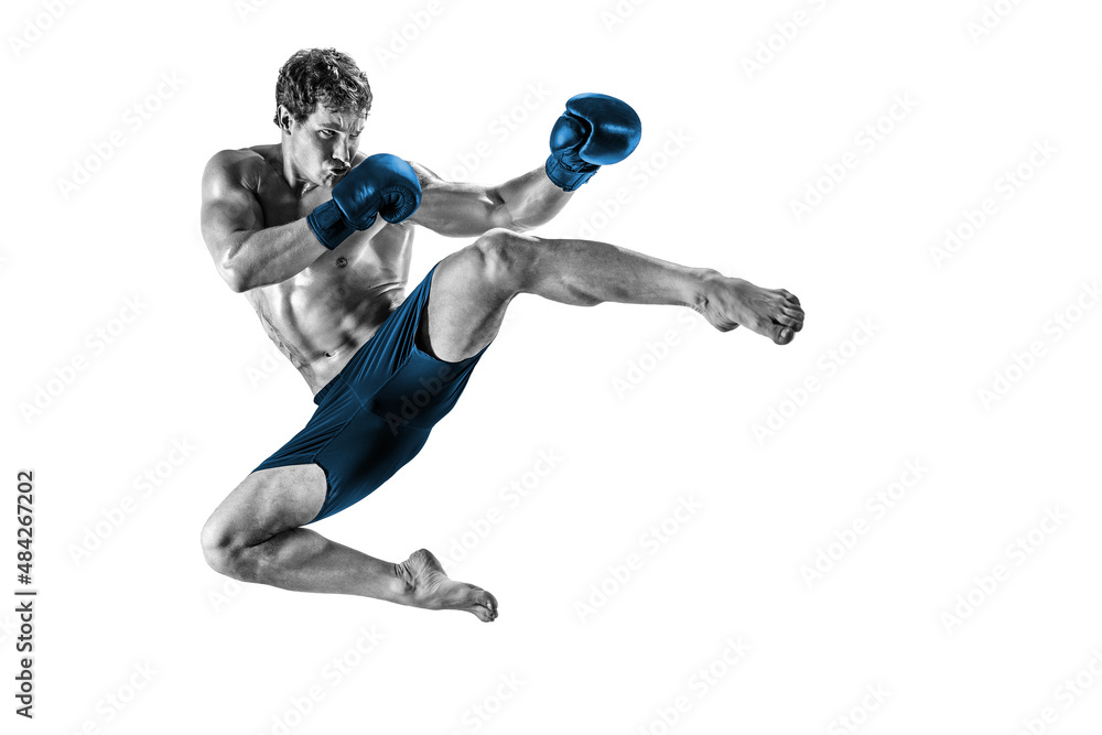Full size of kickboxer who perform muay thai martial arts in studio silhouette. BLUE sportswear 