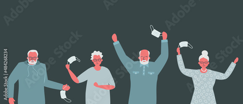 Pandemic end. Older people are dancing from happiness. Four adults take off their mask. Old men and old women rejoice and dance. Vector illustration