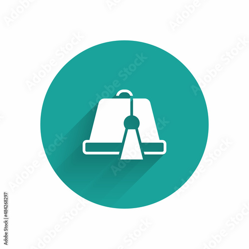 White Turkish hat icon isolated with long shadow background. Green circle button. Vector