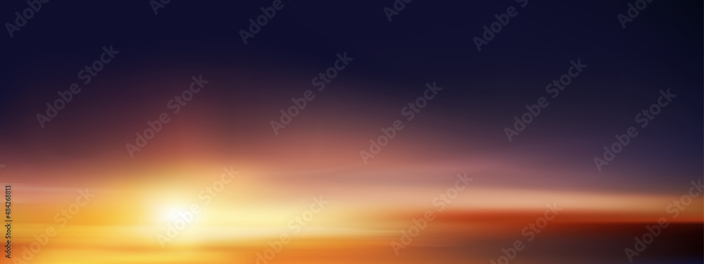 Sunset sky in evening with orange, yellow and purple colour, Dramatic twilight landscape with dark blue sky,Vector horizon backdrop banner beautiful Natural Sunrise for Spring, Summer background