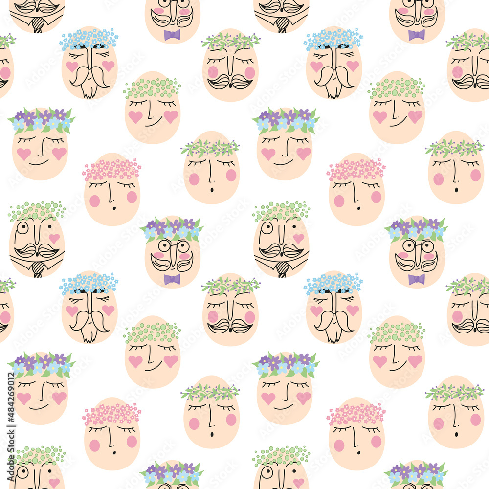 Vector Easter egg pattern with cute faces of male gentlemen and girls in floral wreaths.Seamless background for fabric, wallpaper, wrapping paper, stationery. 