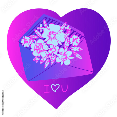 Vector neon greeting card with a convector and flowers on a heart background. Illustration for postcards, posters, decor, tableware and stationery.