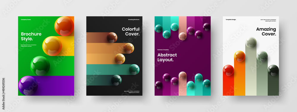 Bright realistic spheres poster layout composition. Original book cover vector design template bundle.