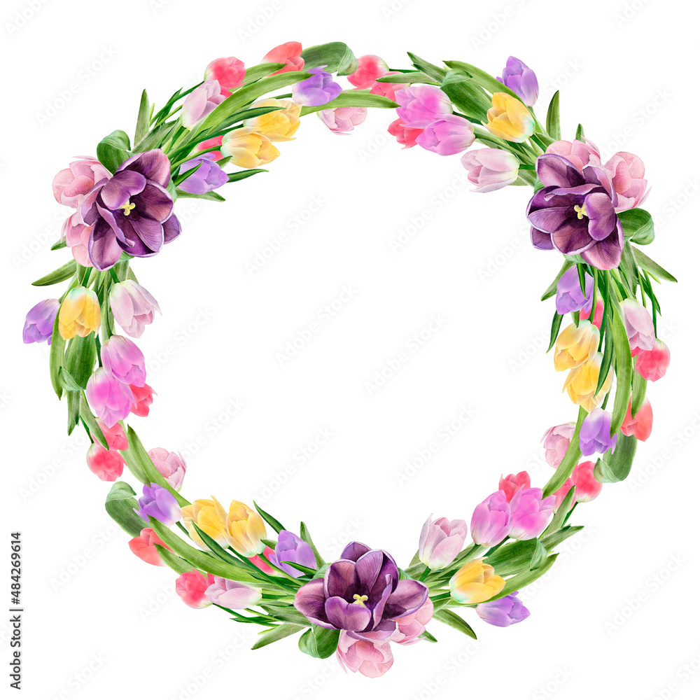 Tulip floral frame. Spring flowers wreath. Watercolor illustration. Easter card, wedding invitation, blog decoration