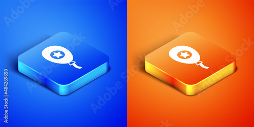 Isometric Balloons with ribbon icon isolated on blue and orange background. Square button. Vector