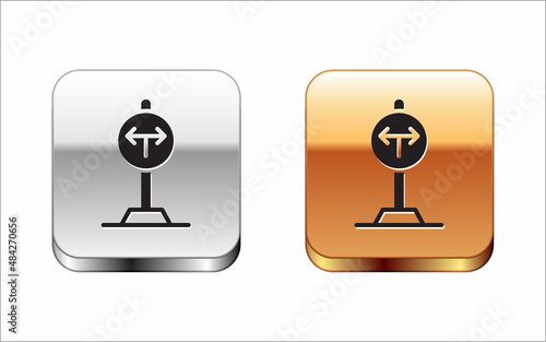 Black Fork in the road icon isolated on white background. Silver and gold square buttons. Vector