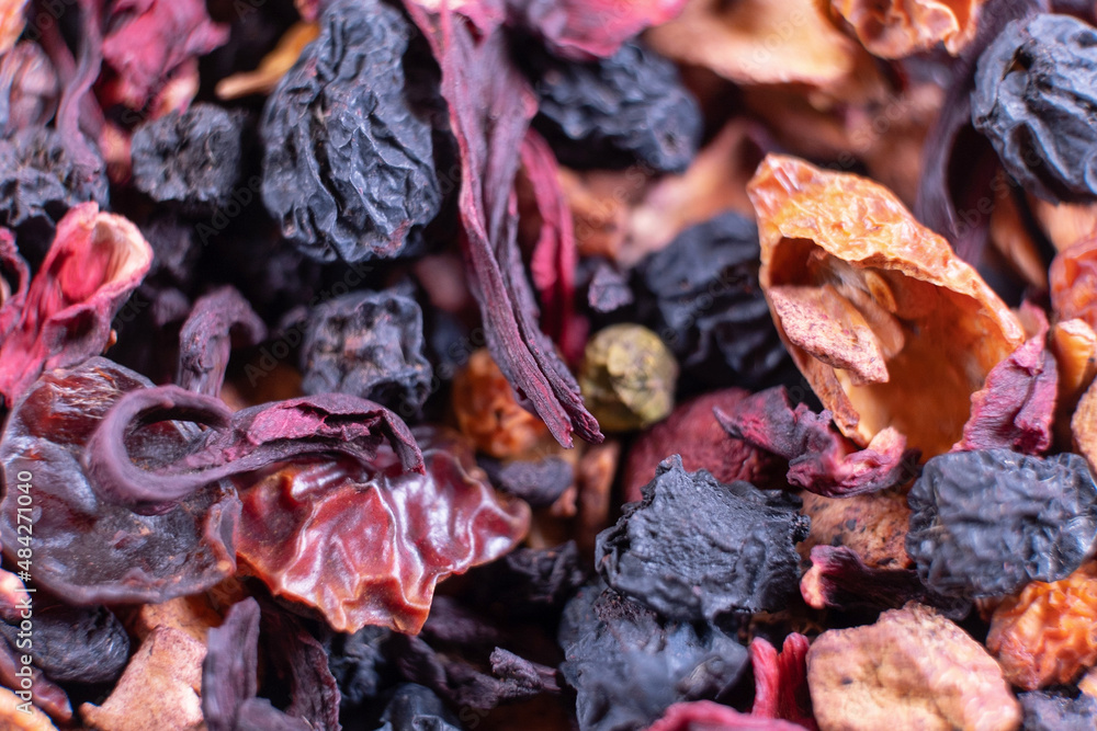 Wild berry tea. Mixture of healthy herbal Organic Dry Chai . Macro. Wild berry tea. Mixture of healthy herbal Organic Dry Chai . Macro.