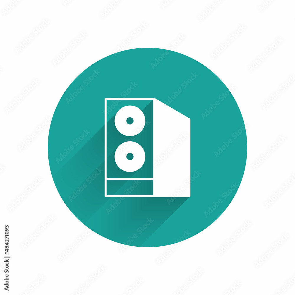 White Case of computer icon isolated with long shadow background. Computer server. Workstation. Green circle button. Vector White Case of computer icon isolated with long shadow background. Computer server. Workstation. Green circle button. Vector