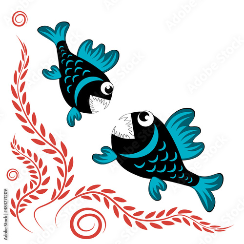 predatory evil piranha fish. Fabulous underwater world. Styling, cartoon style